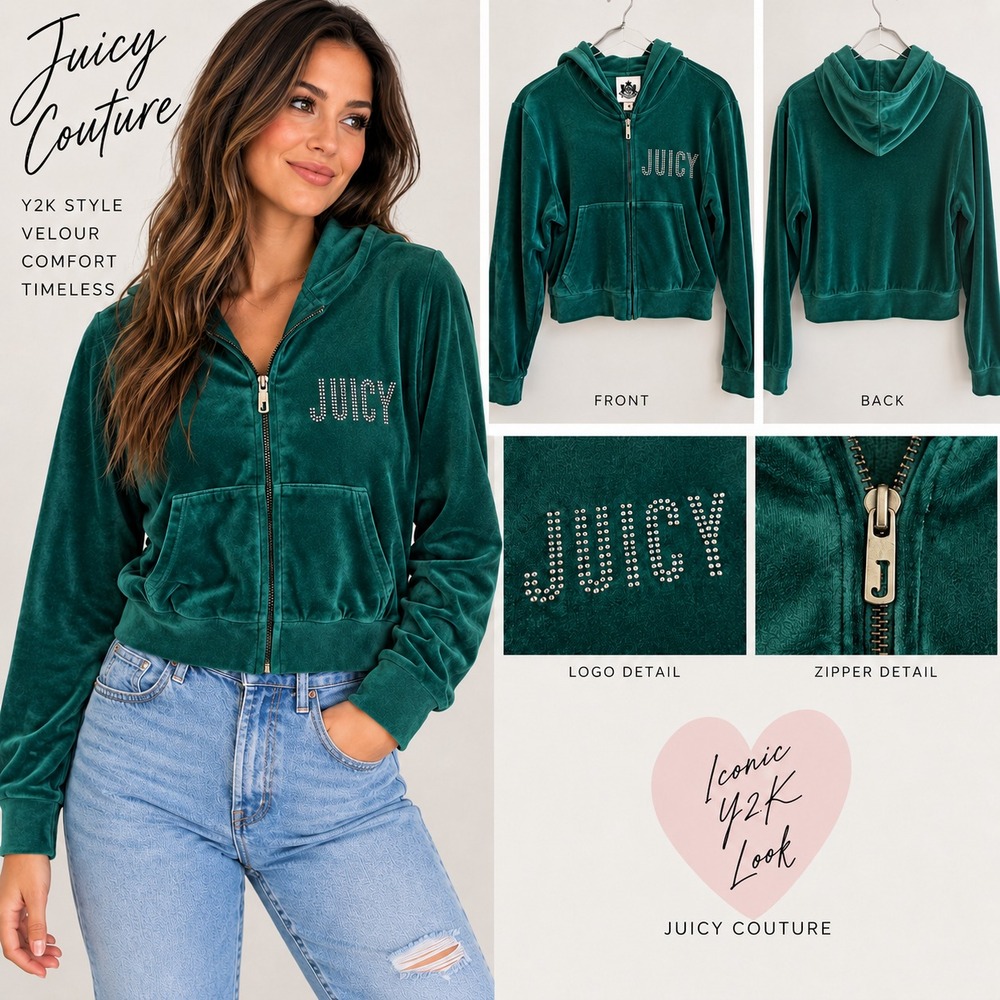 Juicy Couture Womens XL Green Velour Zip Hoodie Rhinestone Y2K Cropped Track